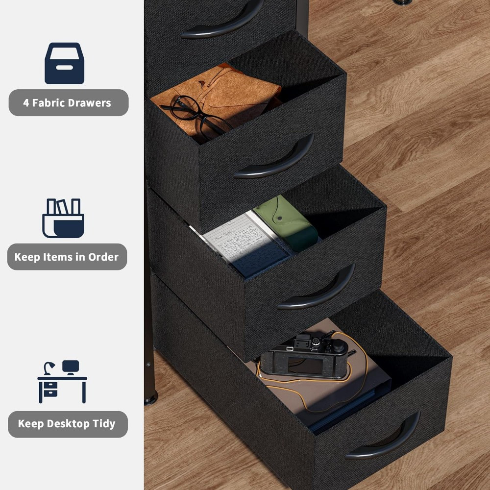 Four fabric drawers with labels Keep Items in Order and Keep Desktop Tidy icons